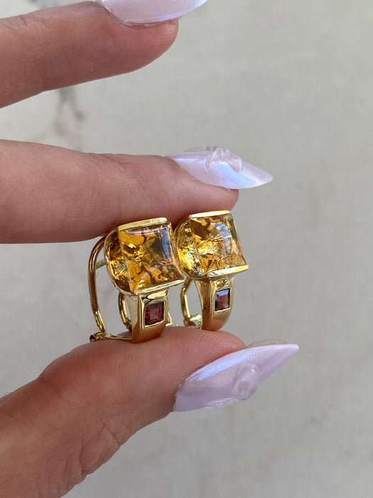 Vintage 14K Citrine & Garnet Omega Back Huggie Hoop Earrings