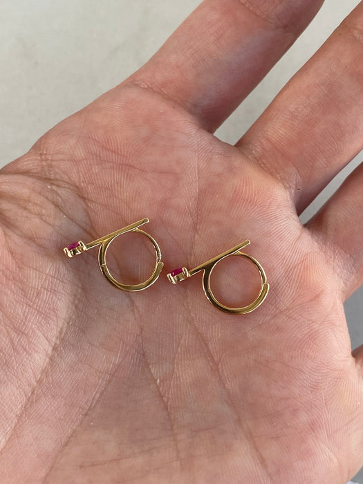 14K Natural Ruby Bar Huggie Earrings