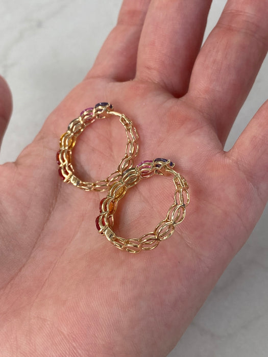 14K 6 TCW Rainbow Sapphire Oval Hoop Earrings