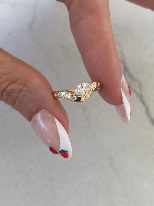 14K Gold Wavy Diamond Band with Flush-Set Marquise & Round Diamonds