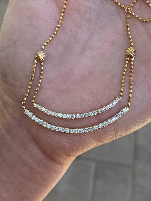 Vintage 18K Gold Bead Chain Necklace with Double Curved Diamond Bar – 1.23 TCW Diamonds, Adjustable 14–15.5”
