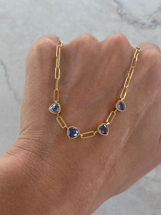 14K Gold Blue Sapphire Heart Paperclip Necklace