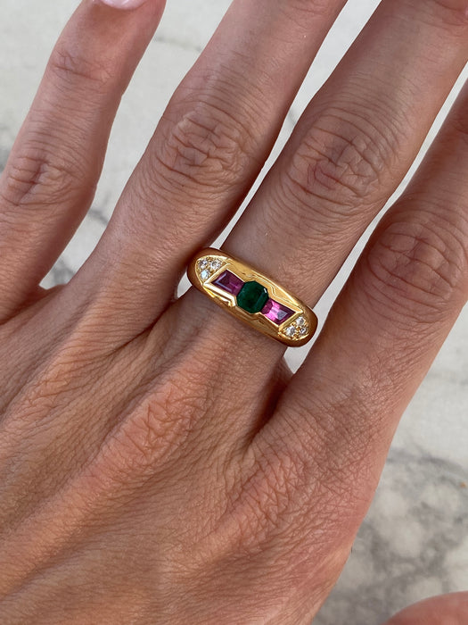 Vintage 18K Ruby, Emerald & Diamond Ring