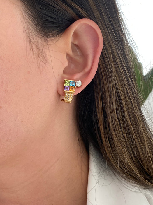 Vintage 14K Rainbow Gemstone & Diamond Omega Back Earrings