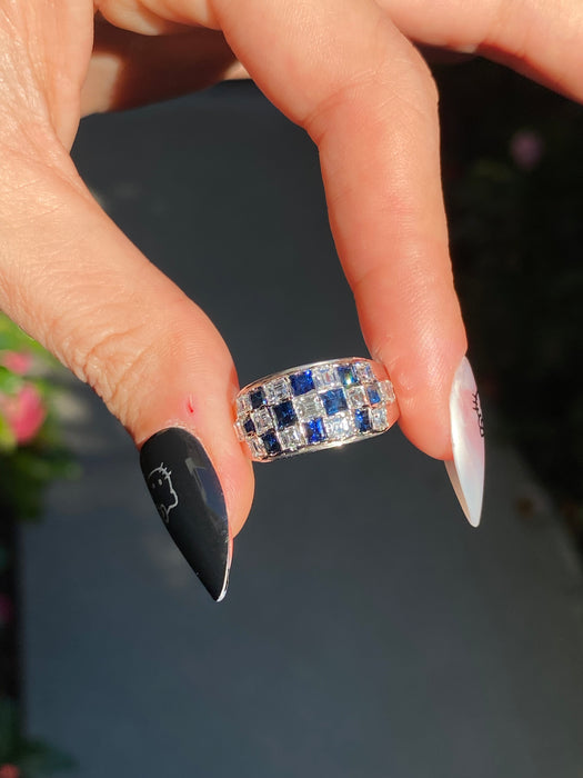 18k white gold checkerboard blue sapphire Asscher cut diamond ring size 6.5