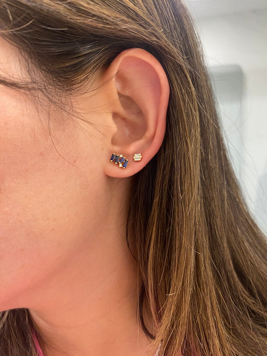 14K Natural Baguette Blue Sapphire & Diamond Earrings