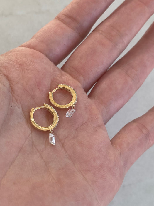 14K Gold Lab Diamond Huggie Earrings with Floating Emerald Cut Drop