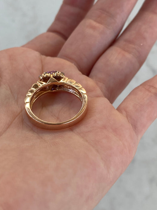 Vintage 18K Rose Gold Pink Sapphire Heart Ring with Diamond Halo – Size 7