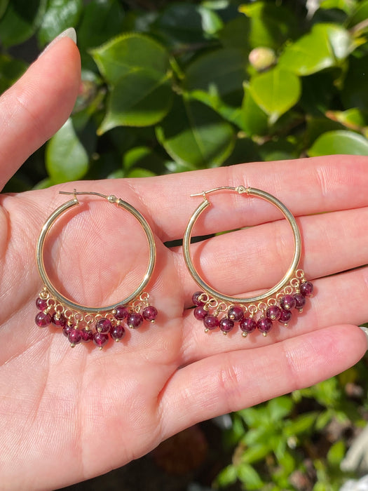 14k hoops with dangly amethyst