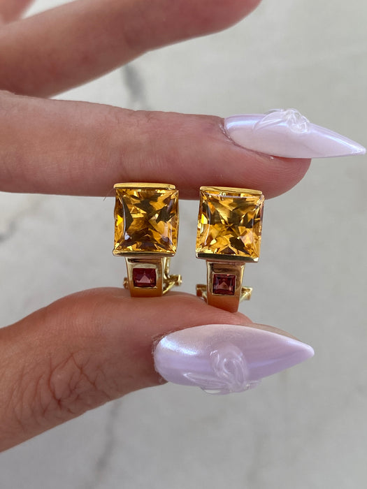 Vintage 14K Citrine & Garnet Omega Back Huggie Hoop Earrings