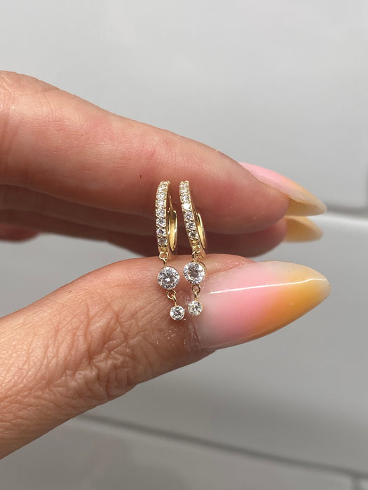 14K Gold Lab Diamond Huggie Earrings with Double Diamond Drops