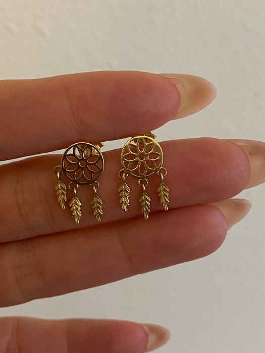 14K Gold Dreamcatcher Stud Earrings with Moving Feather Charms