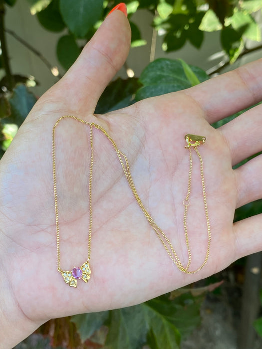 18k curb with pink spinel and diamond bow necklace