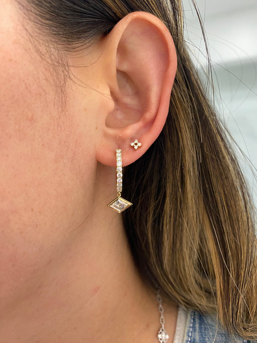 14K Gold Lab Diamond Lozenge Charm Hoop Earrings