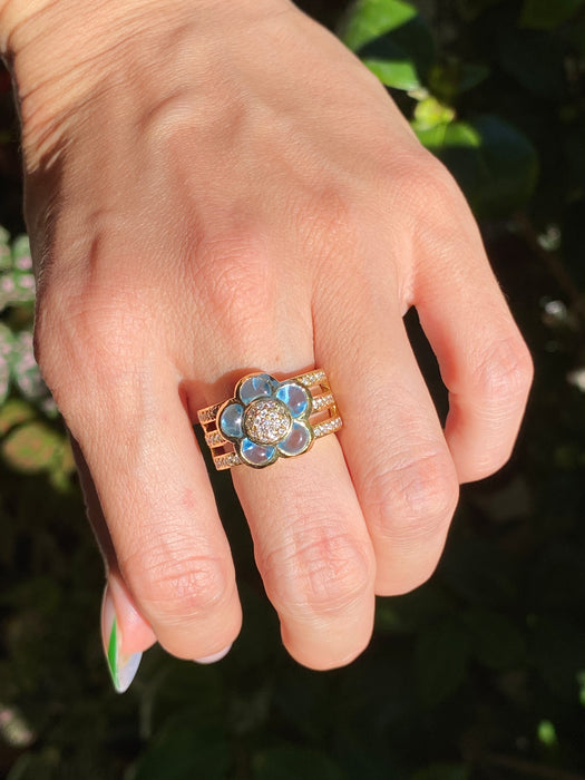 18k cabochon blue topaz diamond flower ring size 5.5