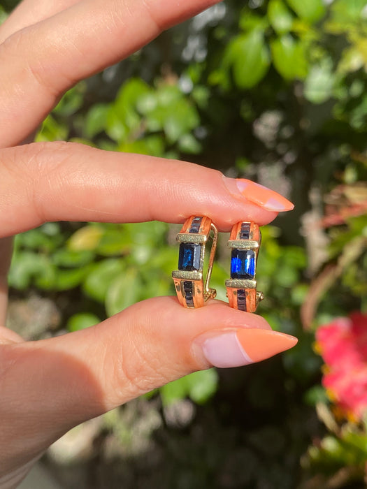 14k blue sapphire huggie hoop earrings