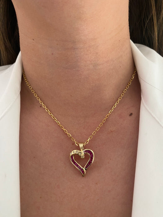 Vintage 14K Gold Princess Cut Ruby & Diamond Heart Pendant