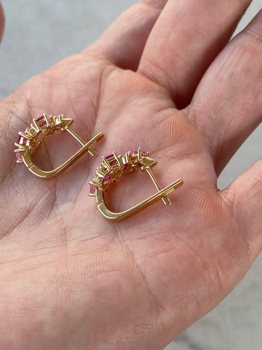 14K Gold Ruby & Pink Sapphire & Diamond Huggie Earrings