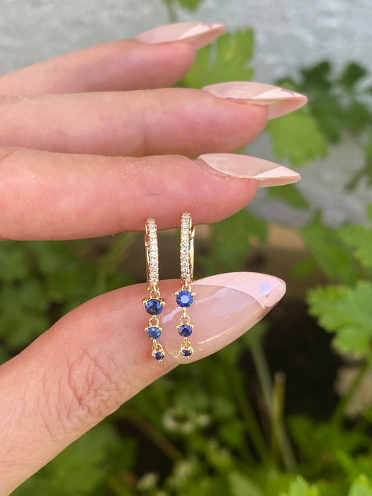 14K Gold Diamond Huggie Earrings with Blue Sapphire Dangle Charms