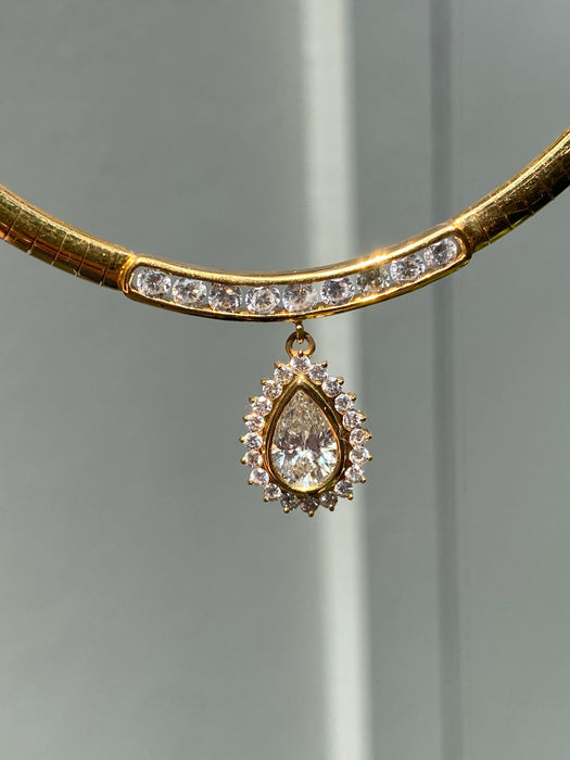 Vintage 18K Gold Diamond Herringbone Necklace 16” – 2.65 TCW Pear Halo Pendant