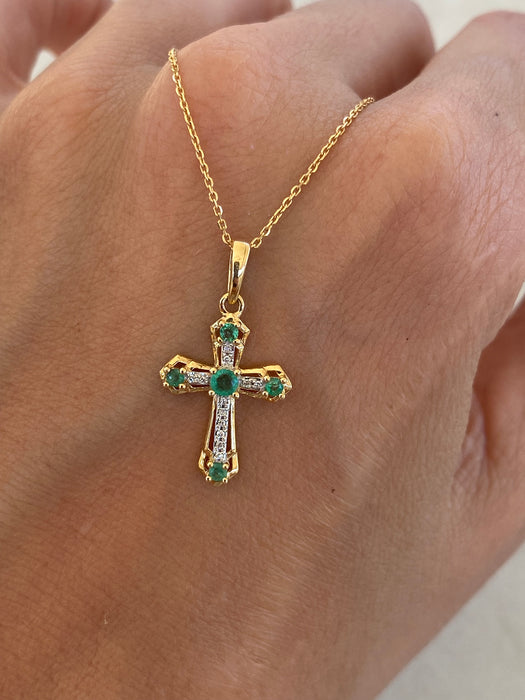 14K Natural Emerald & Diamond Cross Pendant