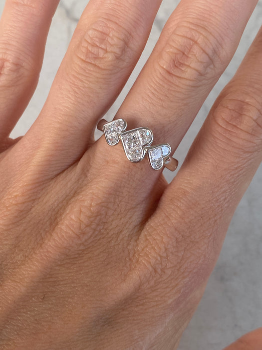 Vintage Platinum 900 Triple Heart Natural Diamond Ring
