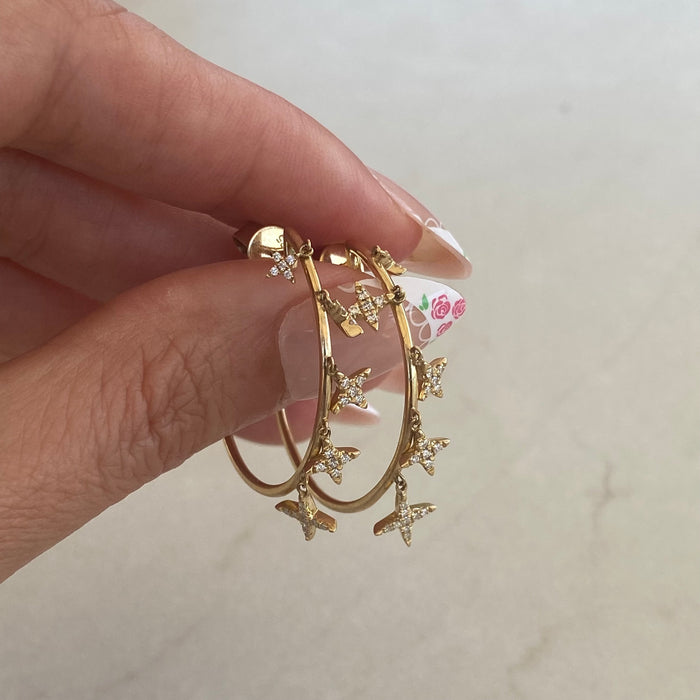 14K Gold Natural Diamond Star Charm J Hoop Earrings