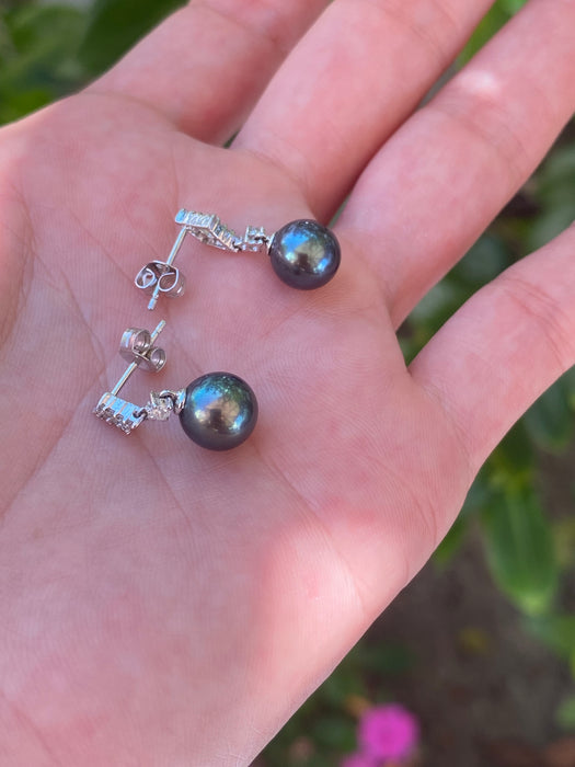 14k white gold diamond black pearl earrings