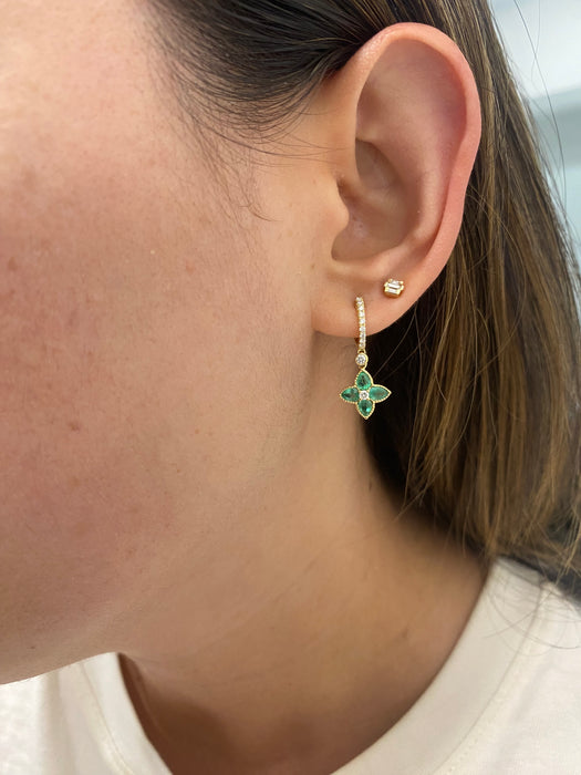 18K Gold Emerald & Diamond Flower Charm Huggie Earrings
