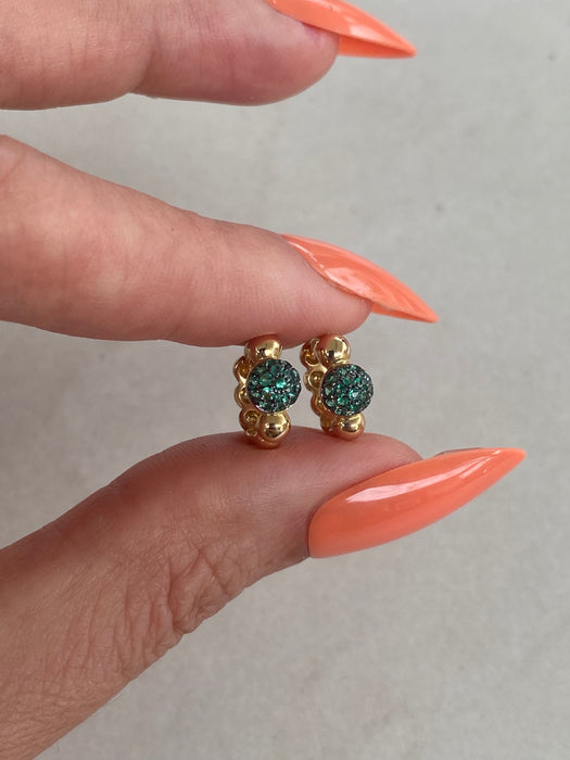 14K Gold Emerald Beaded Huggie Earrings