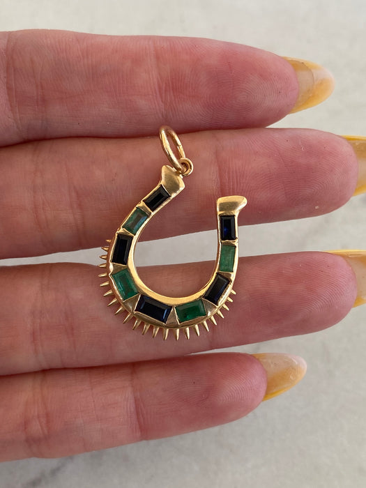 14K Gold Emerald Blue Sapphire Horseshoe Charm