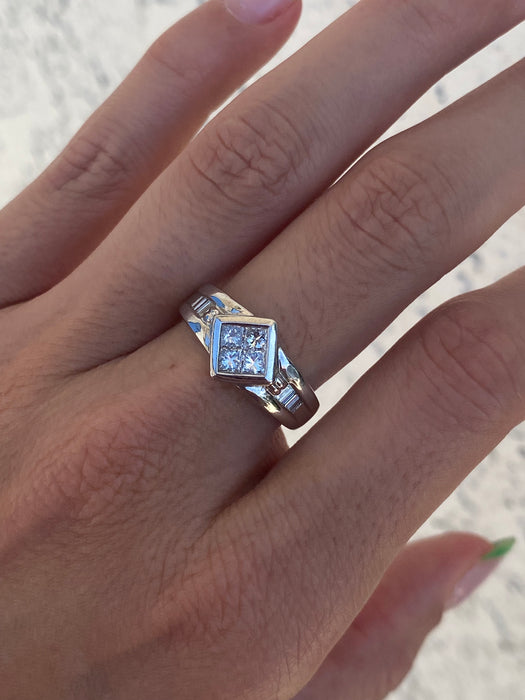 18k white gold princess cut baguette diamond ring size 6.75