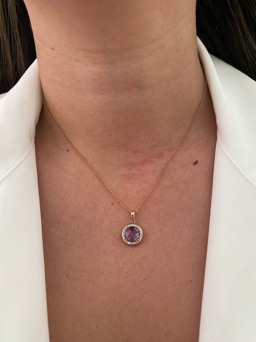 14k rose gold necklace with amethyst diamond pendant
