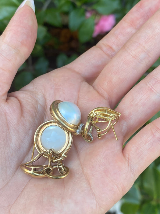 Vintage 14K Diamond & Mabe Pearl Omega Back Earrings