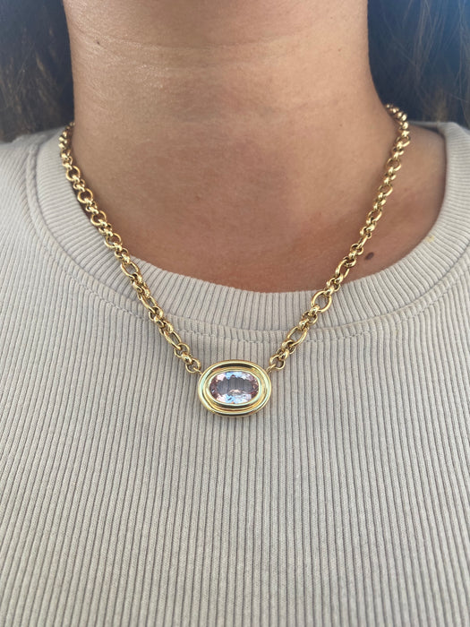 14K East-to-West 3.3 Carat Morganite Double-Bezel Trombone Necklace