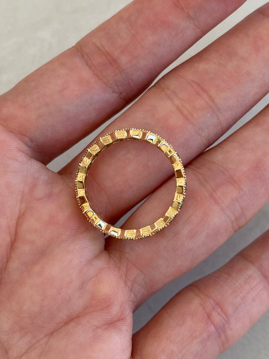 14K Gold Tsavorite Garnet Hexagon Eternity Ring with Milgrain Detail