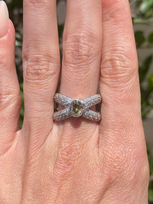 Vintage Platinum 900 Brown Diamond Criss Cross Ring – 1.34 TCW Natural Diamonds – Size 8.5