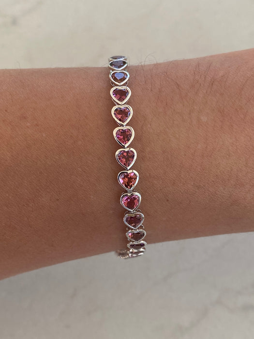 14K White Gold Bezel-Set Pink Tourmaline Heart Bracelet