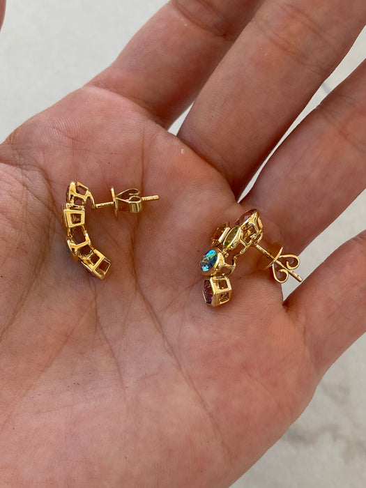 18K Yellow Gold Natural Rainbow Gemstone Bezel-Set J Hoop Earrings