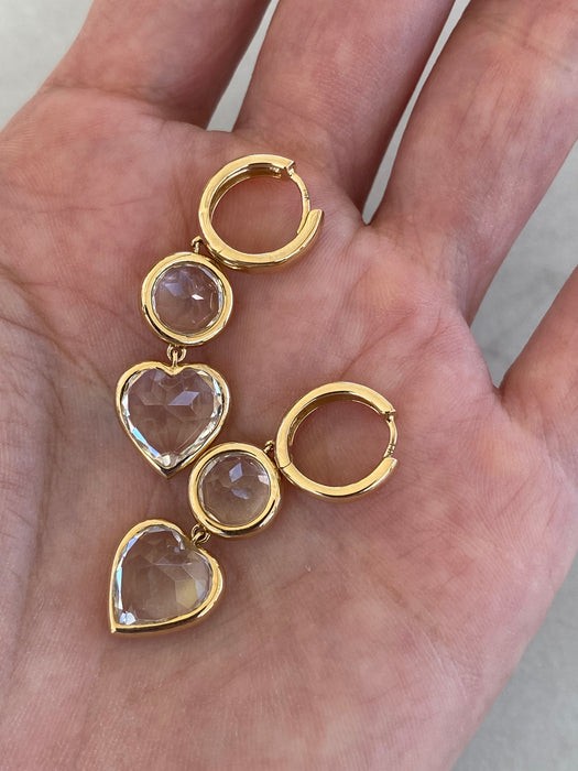 14K Gold Bezel Set White Topaz Heart Drop Huggie Earrings | 15.5 CTW White Topaz