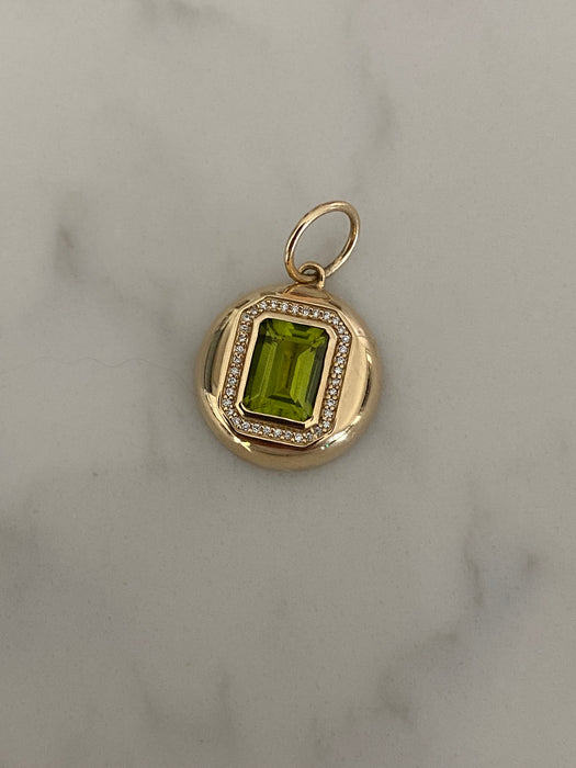 14K Gold Emerald Cut Peridot Disc Charm with Diamond Halo
