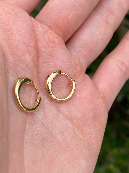 14K Gold Flush Set Ruby Huggie Earrings