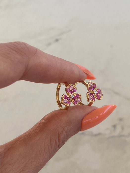 14K Gold Pink Sapphire, Ruby & Diamond Flower Huggie Earrings