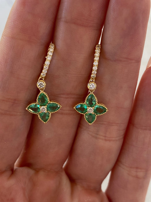 18K Gold Emerald & Diamond Flower Charm Huggie Earrings