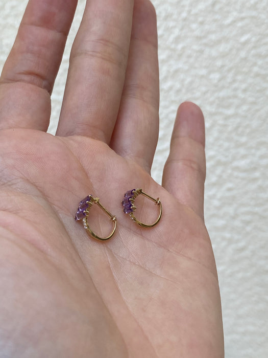 14k amethyst baguette diamond huggie earrings