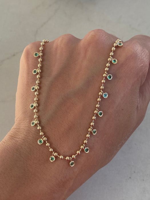 14K Gold Natural Emerald Charm Bead Necklace