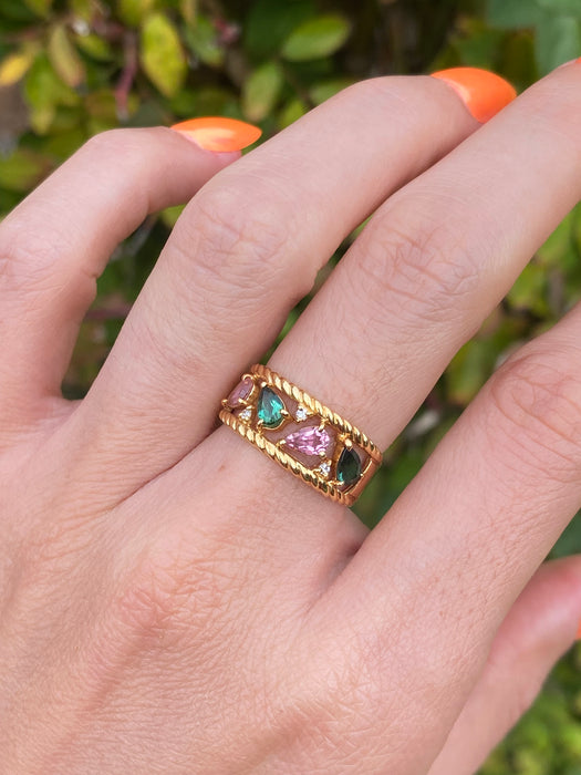 Vintage 18K Gold Pink & Green Tourmaline Diamond Ring – Size 6