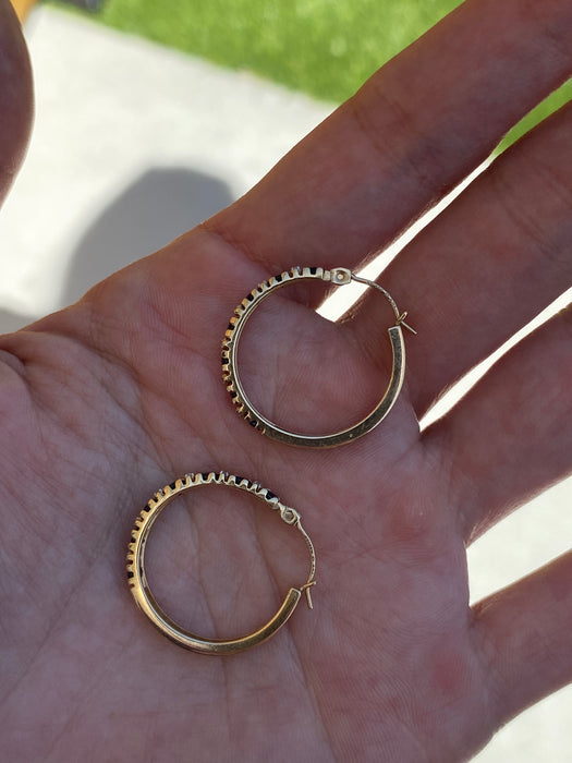 Vintage 14K Gold Blue Sapphire & Diamond Hoop Earrings