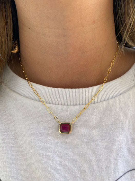 14K Gold Bezel Set Ruby Paperclip Necklace