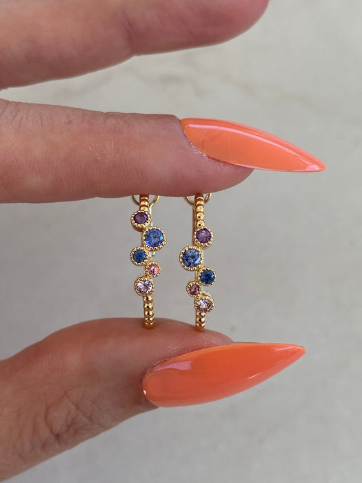 14K Gold Bubble Bezel Set Rainbow Hoop Earrings
